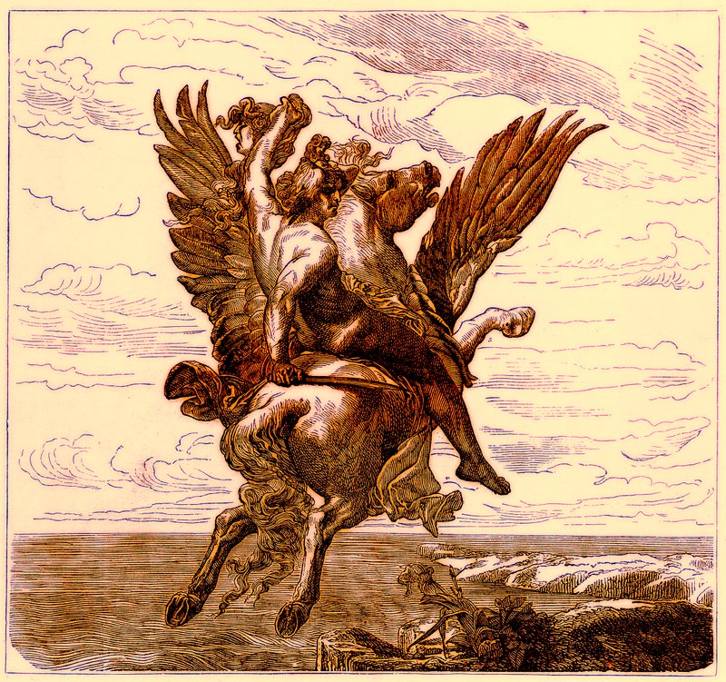 Perseus på den bevingede hesten Pegasus, med Medusas-hode, illustrasjon fra The Illustrated History of the World, publisert ca. 1880 (digitalt forbedret bilde) av English School