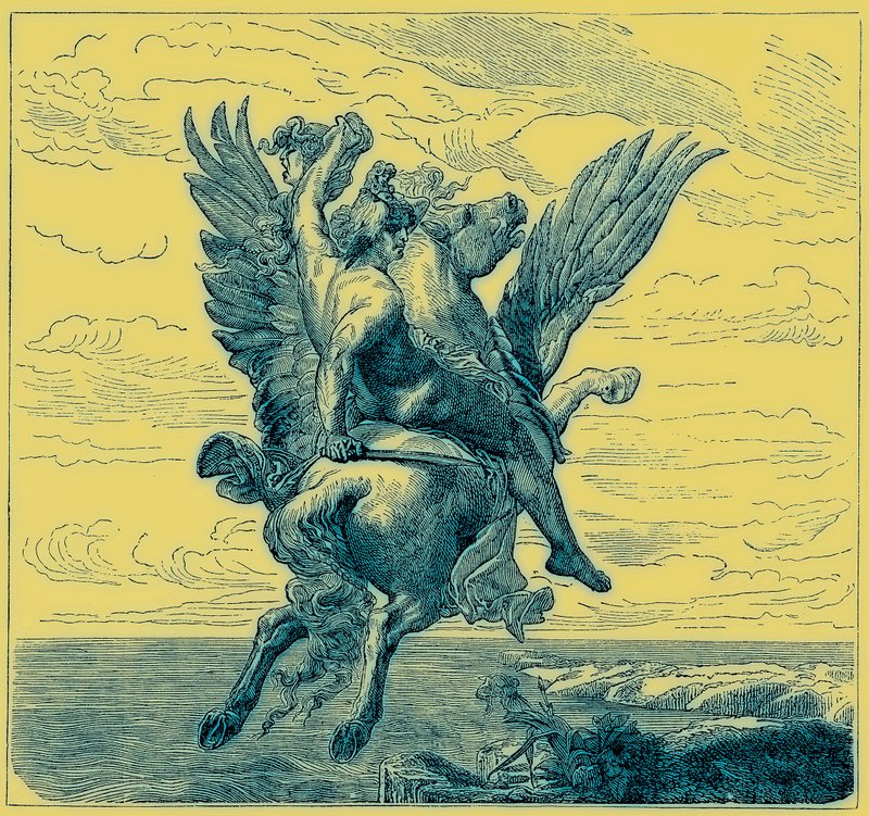 Perseus på den bevingede hesten Pegasus, med Medusas hode, illustrasjon fra 