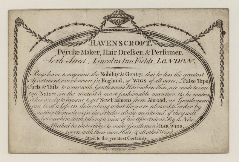 Peruke-maker, Ravenscroft, handelskort av English School