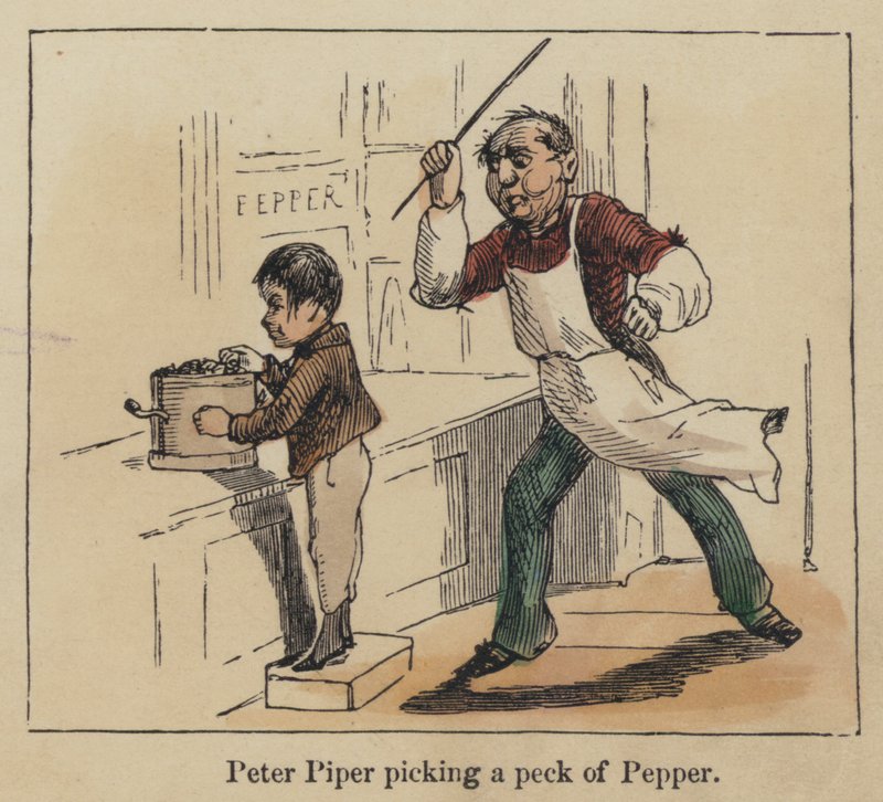 Peter Piper plukker en hakk pepper (farget gravering) av English School