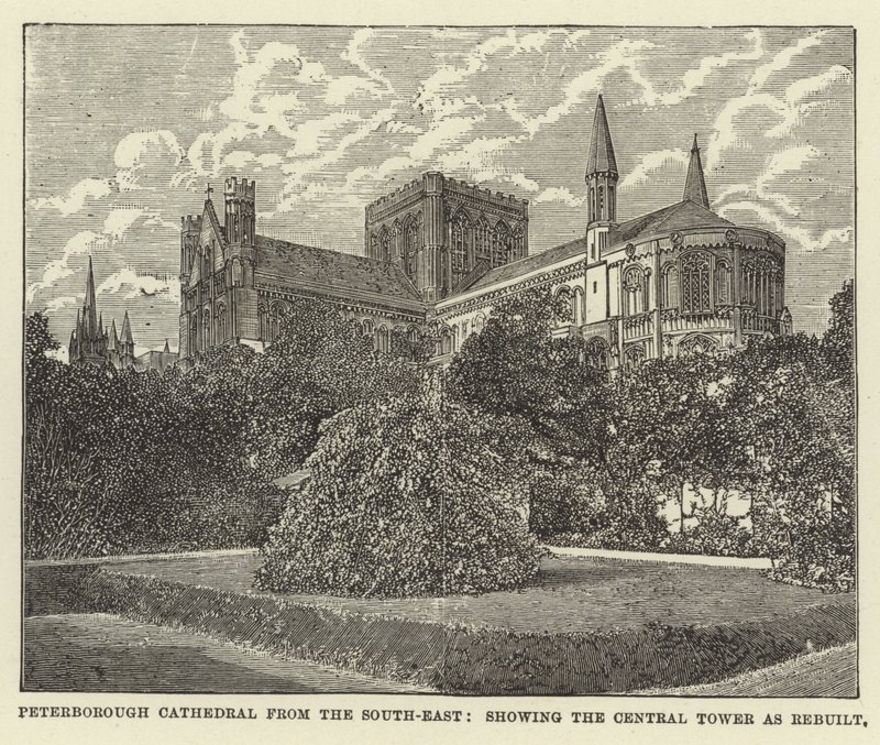 Peterborough-katedralen fra Sør-Øst, som viser Central Tower som gjenoppbygd av English School