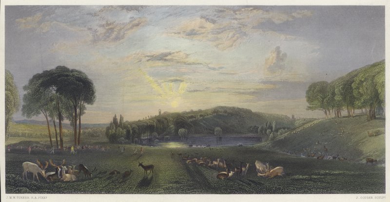 Petworth Park, Sussex (farget gravering) av English School