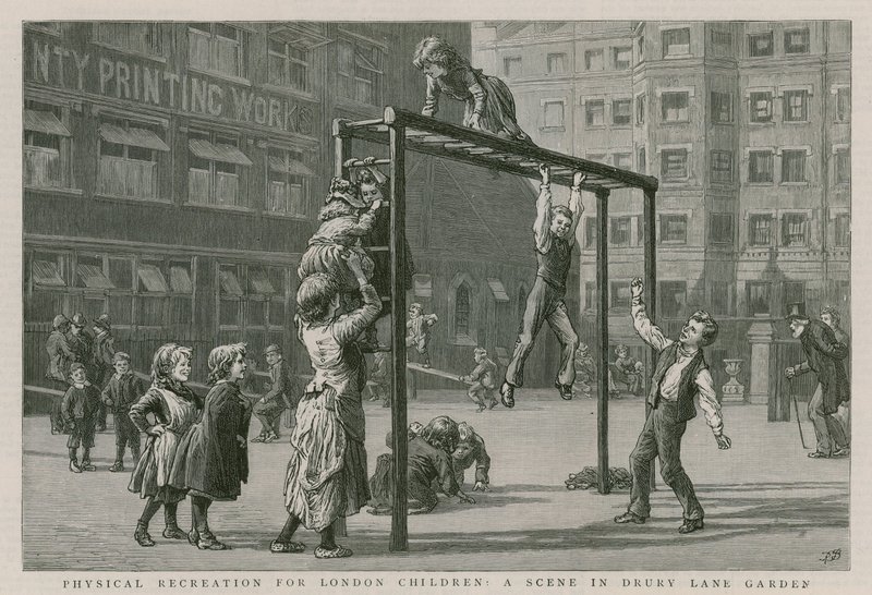 Fysisk rekreasjon for barn i London: En scene i Drury Lane Garden av English School