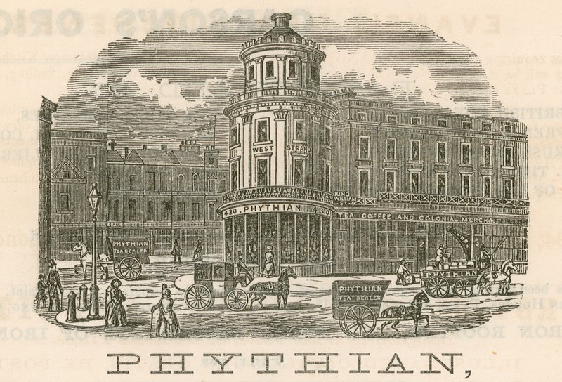 Phythian, grossist og familie te-forhandler og utenlandsk lagermann, 430 West Strand og 1-3 King William Street, London av English School