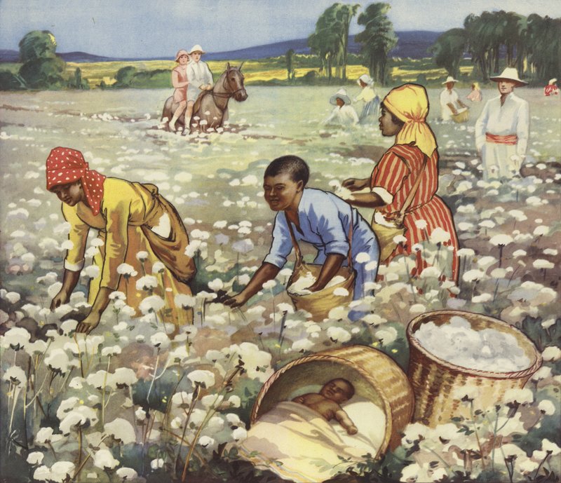 Å plukke bomull på en amerikansk plantasje (farge litho) av English School