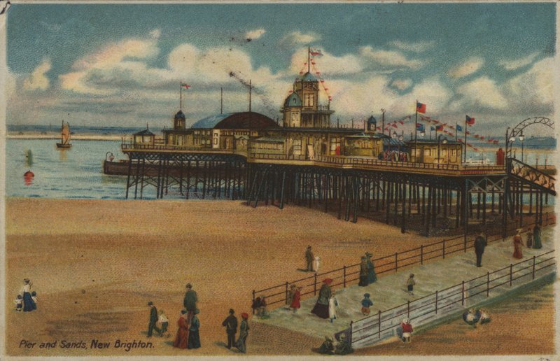 Pier and Sands, New Brighton, Merseyside (farge litho) av English School
