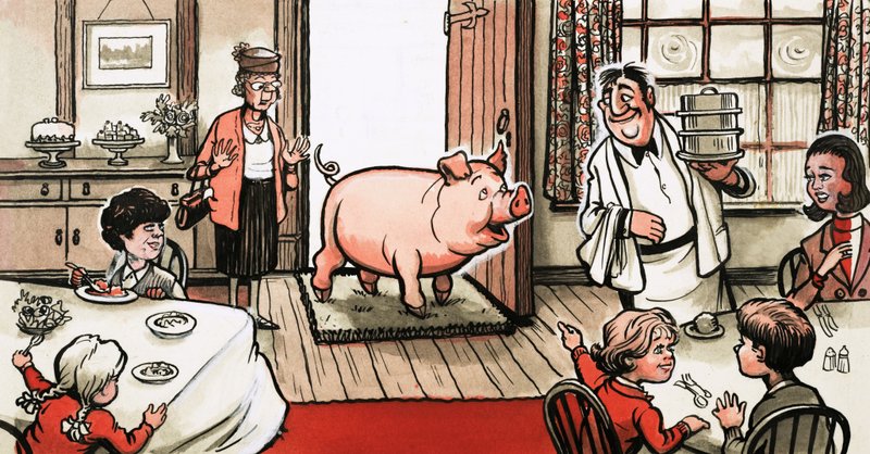 Gris på vei inn i en restaurant av English School