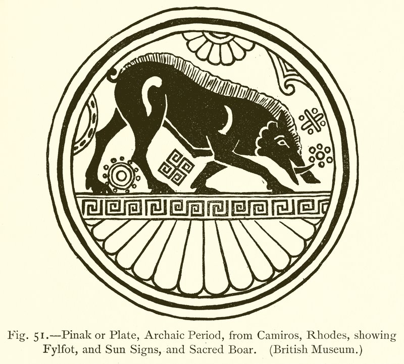 Pinak eller plate, arkaisk periode, fra Camiros, Rhodos, som viser Fylfot og soltegn, og hellig villsvin av English School