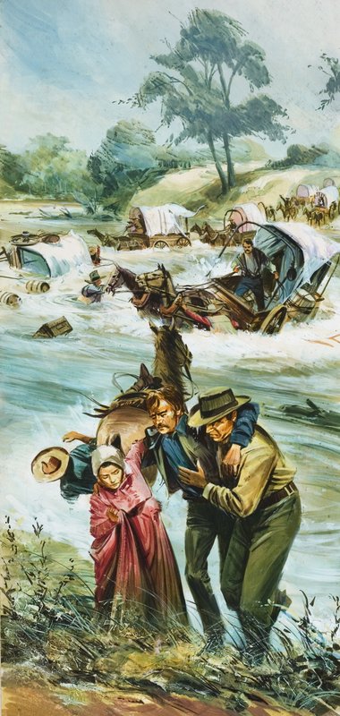 Pionerer krysser den utemmede Arkansas-elven tidlig på 1880-tallet (gouache på papir) av English School