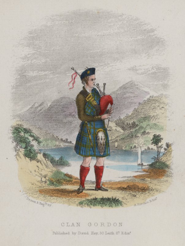 Piper of Clan Gordon, Skottland (farget gravering) av English School