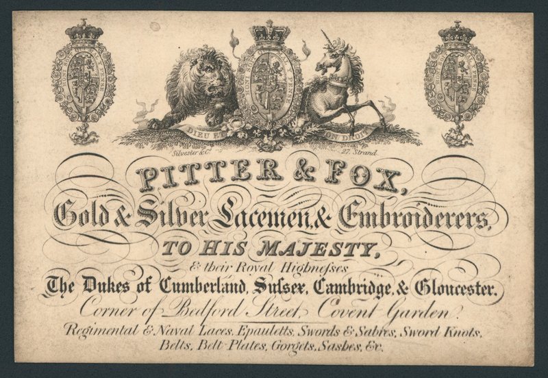 Pitter and Fox, Gold and Silver Laceman and Embroiderers, Bedford Street, Covent Garden, handelskort av English School