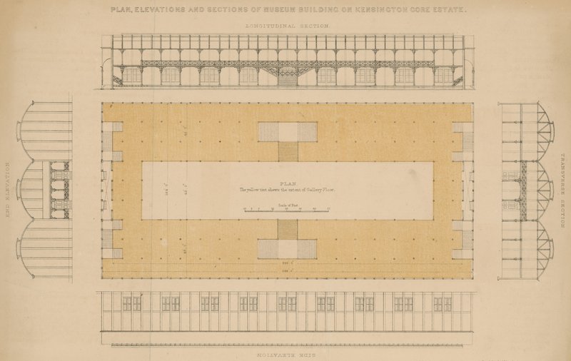 Plan, forhøyninger og deler av museumsbygningen på Kensington Gore Estate av English School