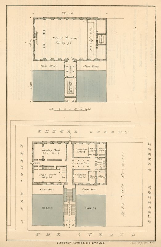 Plan for bygninger på tidspunktet for en foreslått utvidelse av The Strand i nærheten av Exeter Change av English School