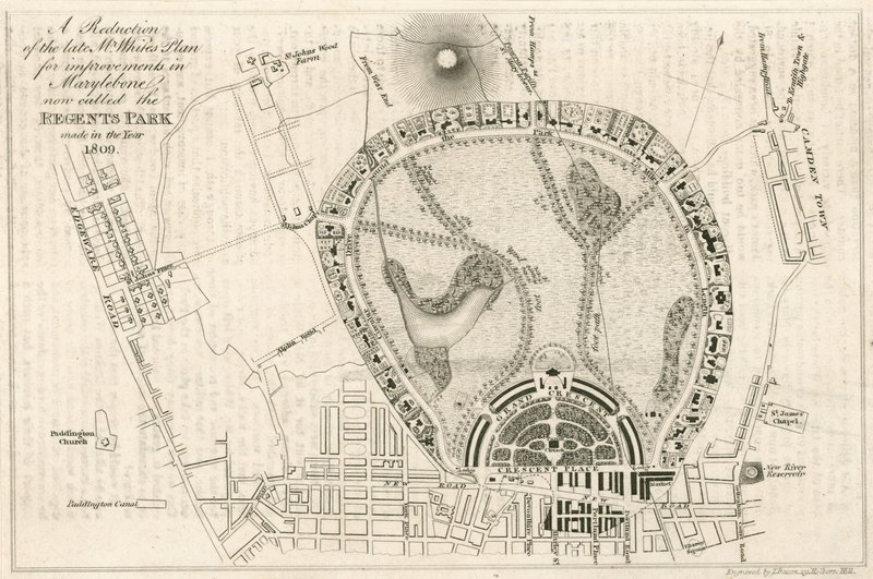 Plan for forbedringer i Marylebone, London, nå kalt Regents Park, laget i år 1809 av English School