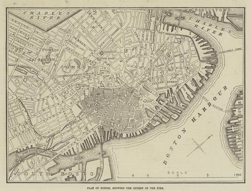 Plan av Boston, som viser omfanget av brannen (gravering) av English School