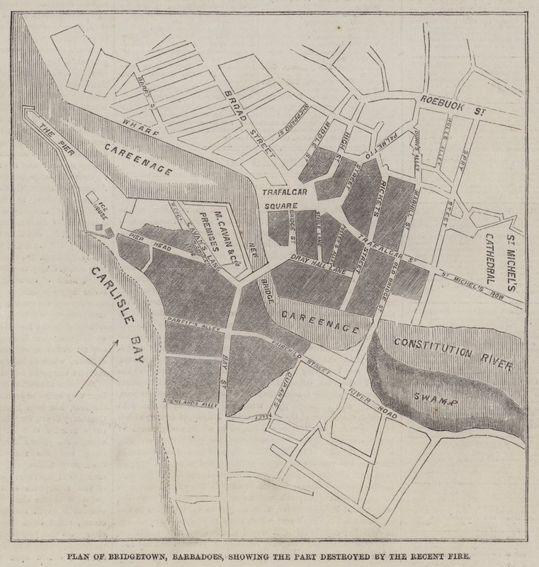 Plan over Bridgetown, Barbadoes, som viser delen ødelagt av den nylige brannen (gravering) av English School