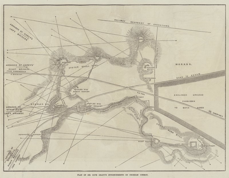 Plan for Sir Hope Grants fordypninger på Chobham Common (gravering) av English School