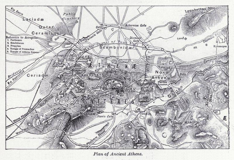 Plan for det gamle Athen (litho) av English School
