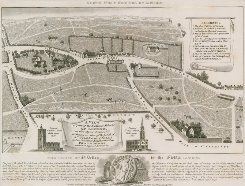 Plan over nordvestlige forsteder til London rundt St Giles in the Fields av English School