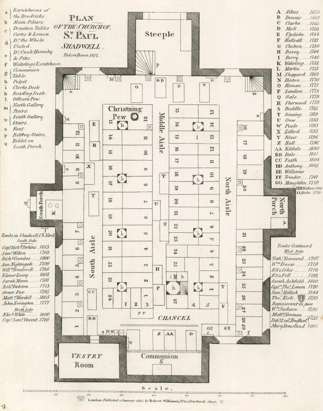 Plan for Church of St Pauls, Shadwell, London, tatt ned i 1817 av English School