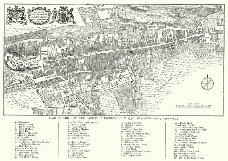 Plan over byen og slottet i Edinburgh i 1742 (gravering) av English School