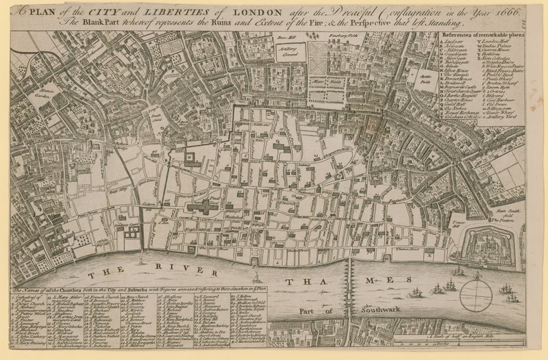 Plan for City and Liberties of London etter den fryktelige brannen i år 1666 av English School