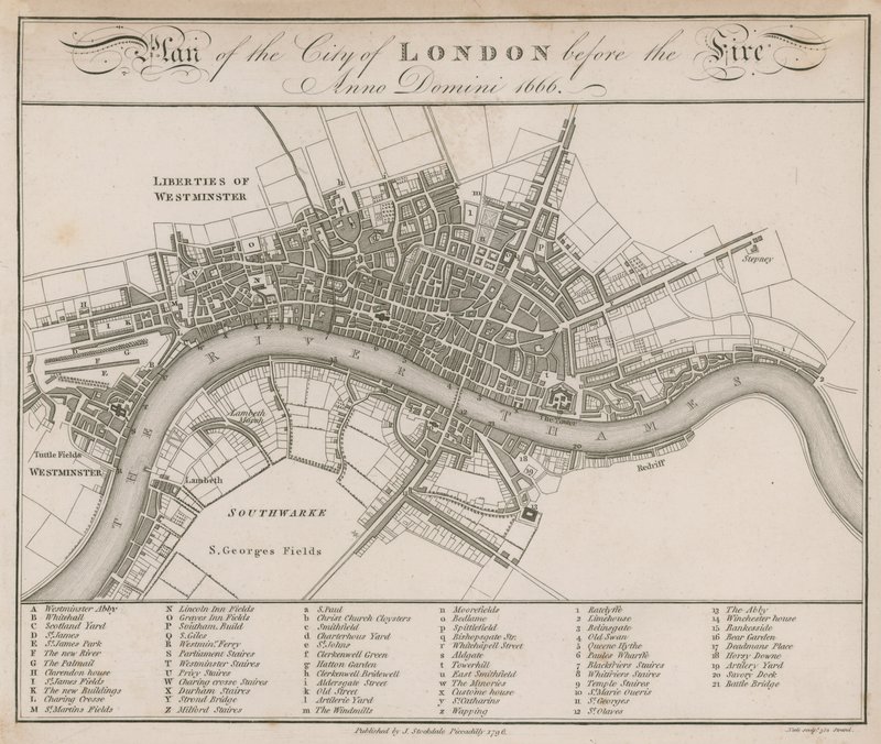 Plan for City of London før brannen i 1666 av English School