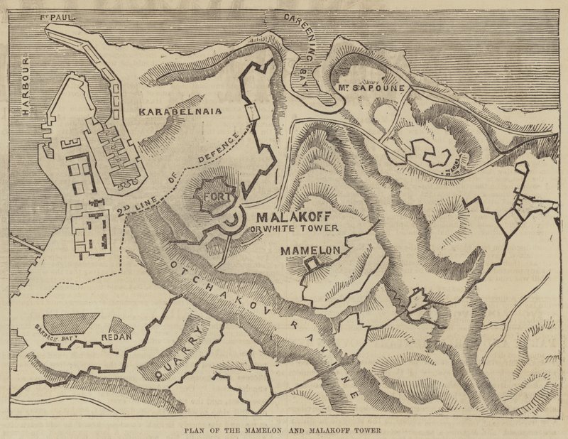 Plan over Mamelon og Malakoff Tower (gravering) av English School