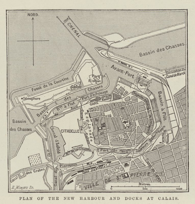 Plan over den nye havnen og havnene i Calais (gravering) av English School