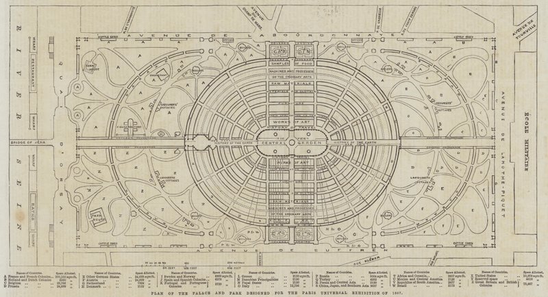 Plan over palasset og parken designet for verdensutstillingen i Paris i 1867 (gravering) av English School