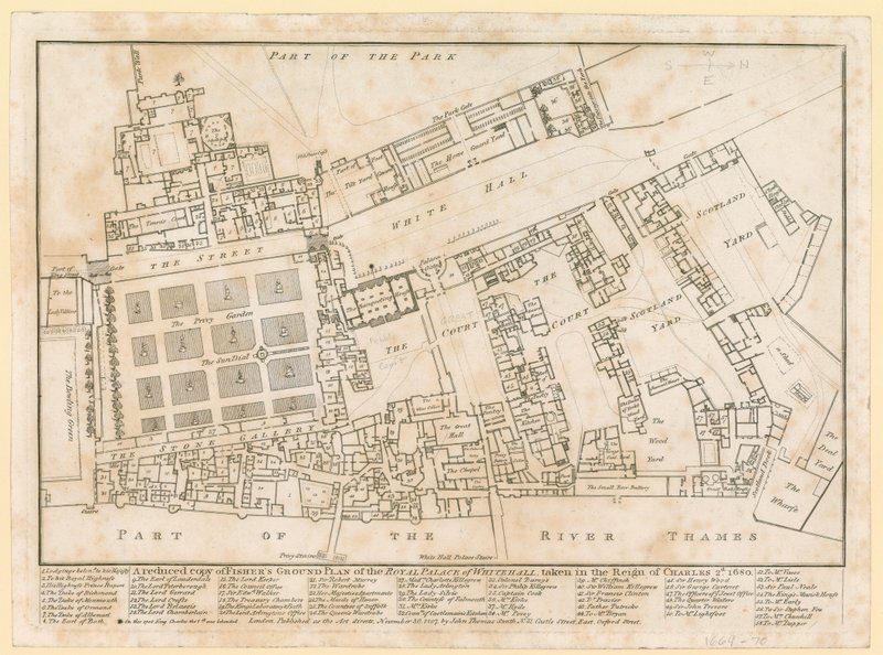 Plan for Palace of Whitehall, tatt under Charles IIs regjeringstid, 1680 av English School