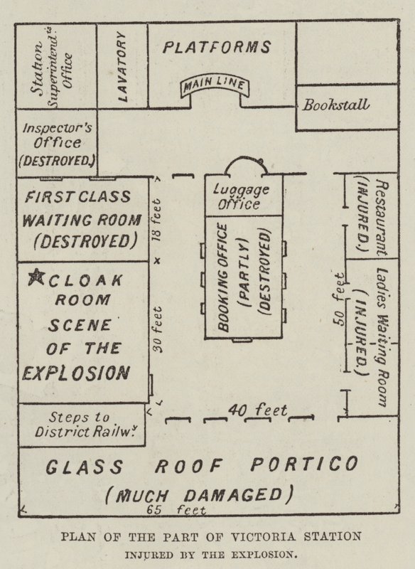 Plan over delen av Victoria Station skadet av eksplosjonen (gravering) av English School