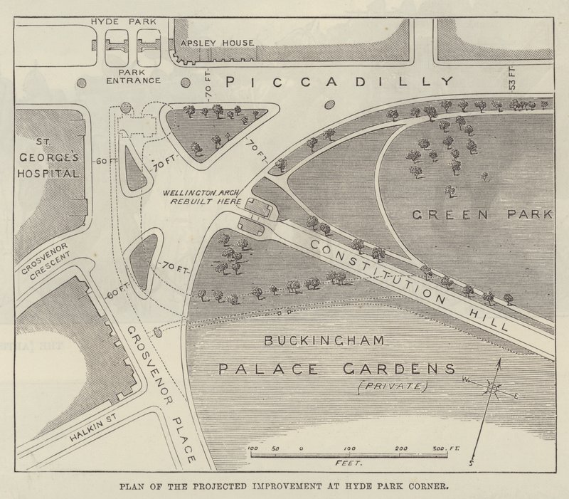 Plan for den anslåtte forbedringen ved Hyde Park Corner (gravering) av English School