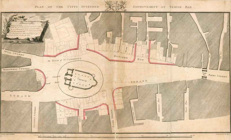 Plan over byens tiltenkte forbedring på Temple Bar, London av English School