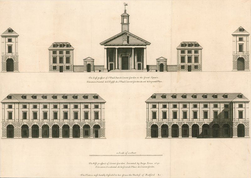 Plan over østprospektet til St Pauls Church, Covent Garden og vestprospektet til Covent Garden av English School