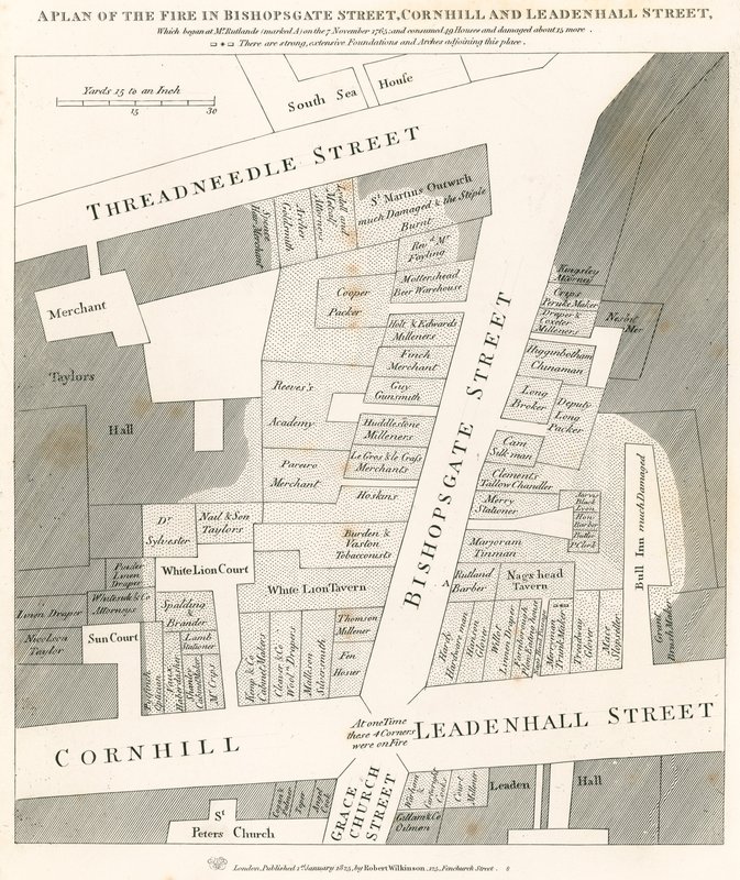Plan for brannen i Bishopsgate Street, Cornhill og Leadenhall Street, London, som begynte 7. november 1765 av English School