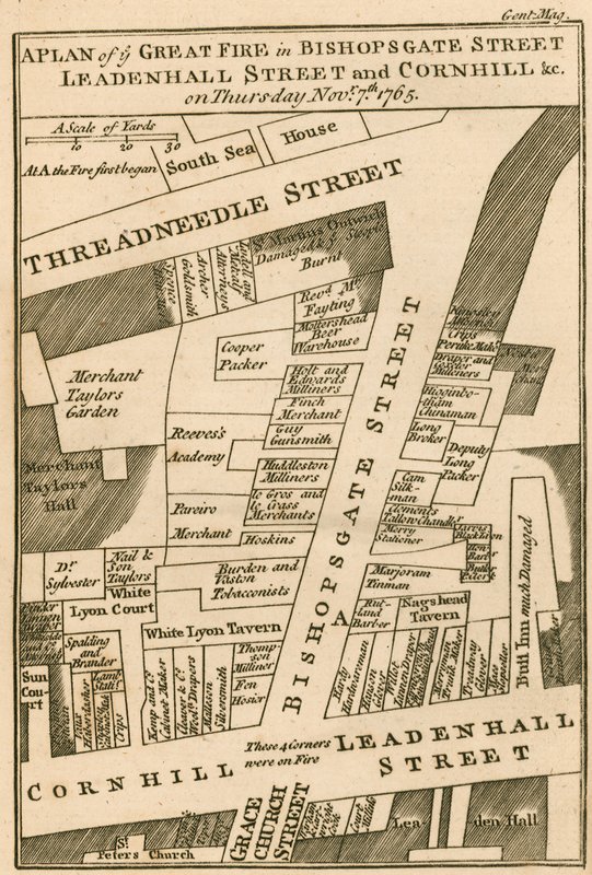 Plan for brannen i Bishopsgate Street, Cornhill og Leadenhall Street, London, som begynte 7. november 1765 av English School