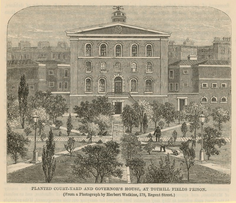 Plantet gårdsplass og Governors House ved Tothill Fields Prison av English School