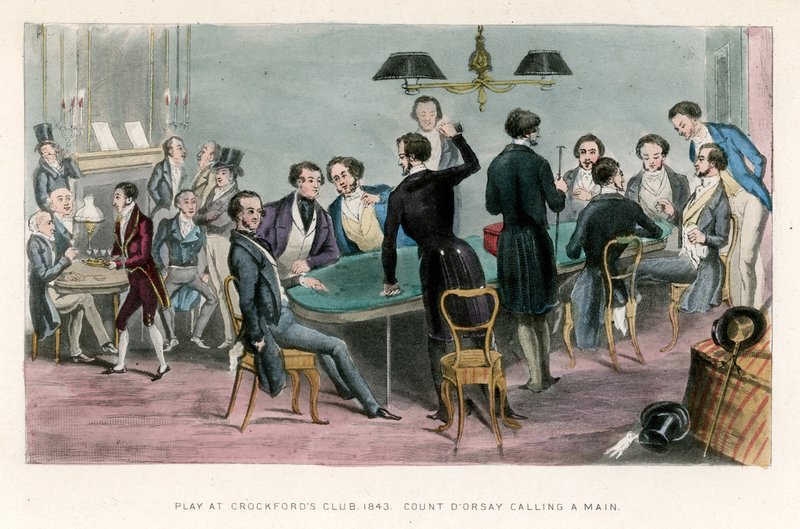 Spill på Crockfords Club, 1843; Grev DOrsey ringer en hovedrett av English School