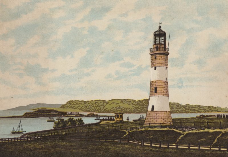 Plymouth: Smeaton Lighthouse on the Hoe (farge litho) av English School