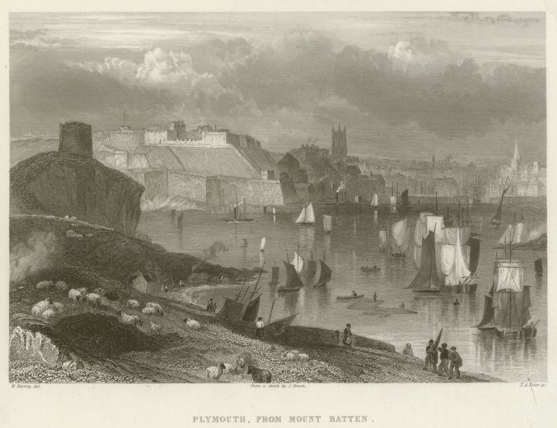 Plymouth, fra Mount Batten (gravering) av English School