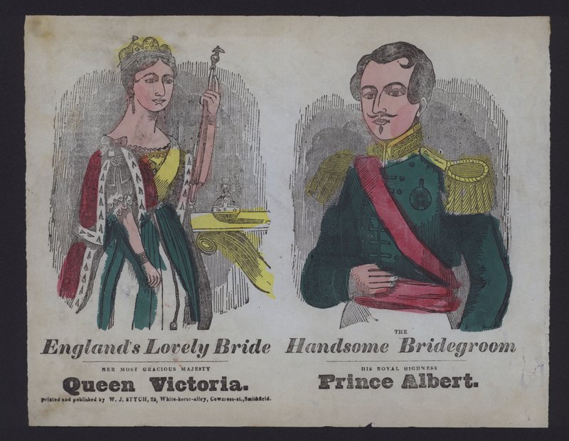 Populær illustrasjon som feirer bryllupet til dronning Victoria og prins Albert (farget gravering) av English School