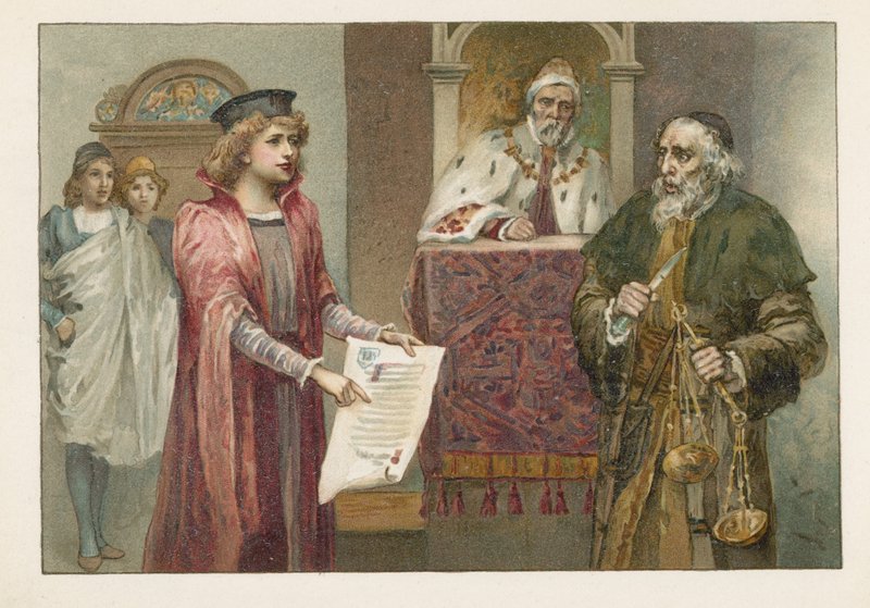 Portia, Shylock og dommeren i The Merchant of Venice av English School