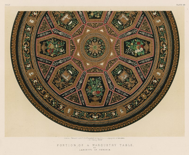 Del av et marquetry-bord av Lancetti fra Perugia av English School