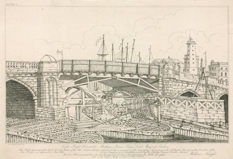 Del av Old London Bridge, tegnet i 1826 under byggearbeid av English School
