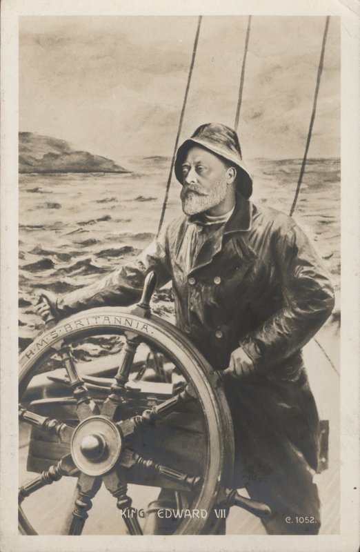 Portrett av kong Edward VII ved roret til HMS Britannia (litho) av English School