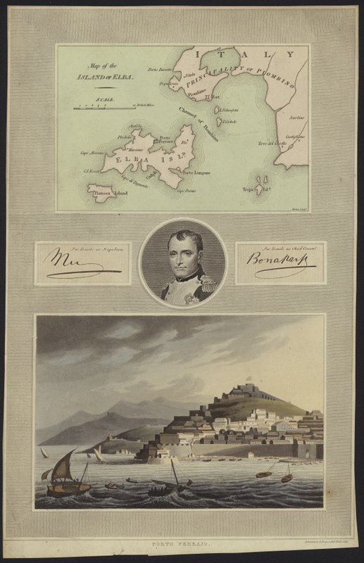 Portrett av Napoleon Bonaparte med kart og utsikt over Elba av English School