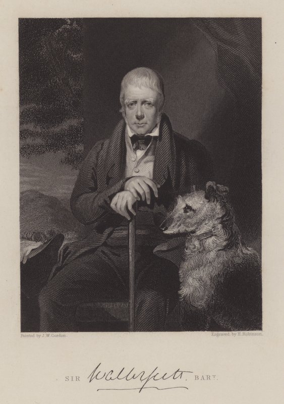 Portrett av Sir Walter Scott, med hund (gravering) av English School