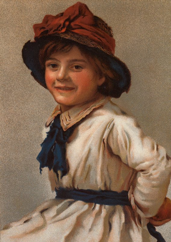Portrett av en ung jente med hatt (chromolitho) av English School