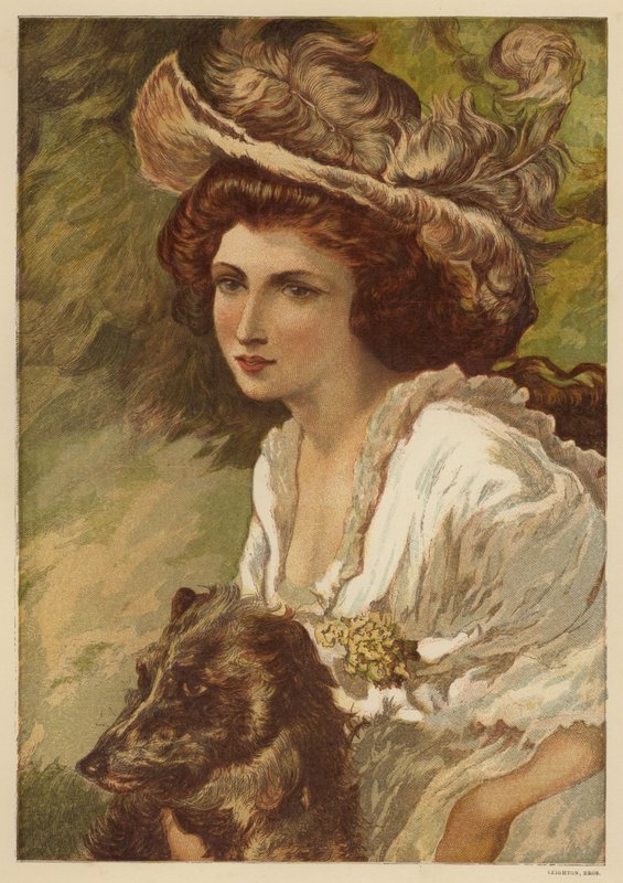 Portrett av en ung kvinne med en hund (farge litho) av English School